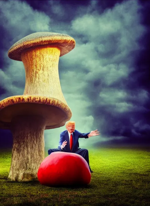 Prompt: annie leibovitz photoshoot of donald trump sitting on a giant mushroom, vibrant colors, atmospheric, mist, magical, fantasy, studio lighting, soft focus