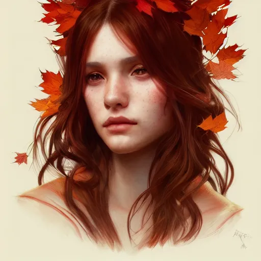 Image similar to girl with super long hair, hair becoming autumn red leaves, intricate, highly detailed, digital painting, artstation, concept art, smooth, sharp focus, illustration, unreal engine 5, 8 k, art by artgerm and greg rutkowski and alphonse mucha