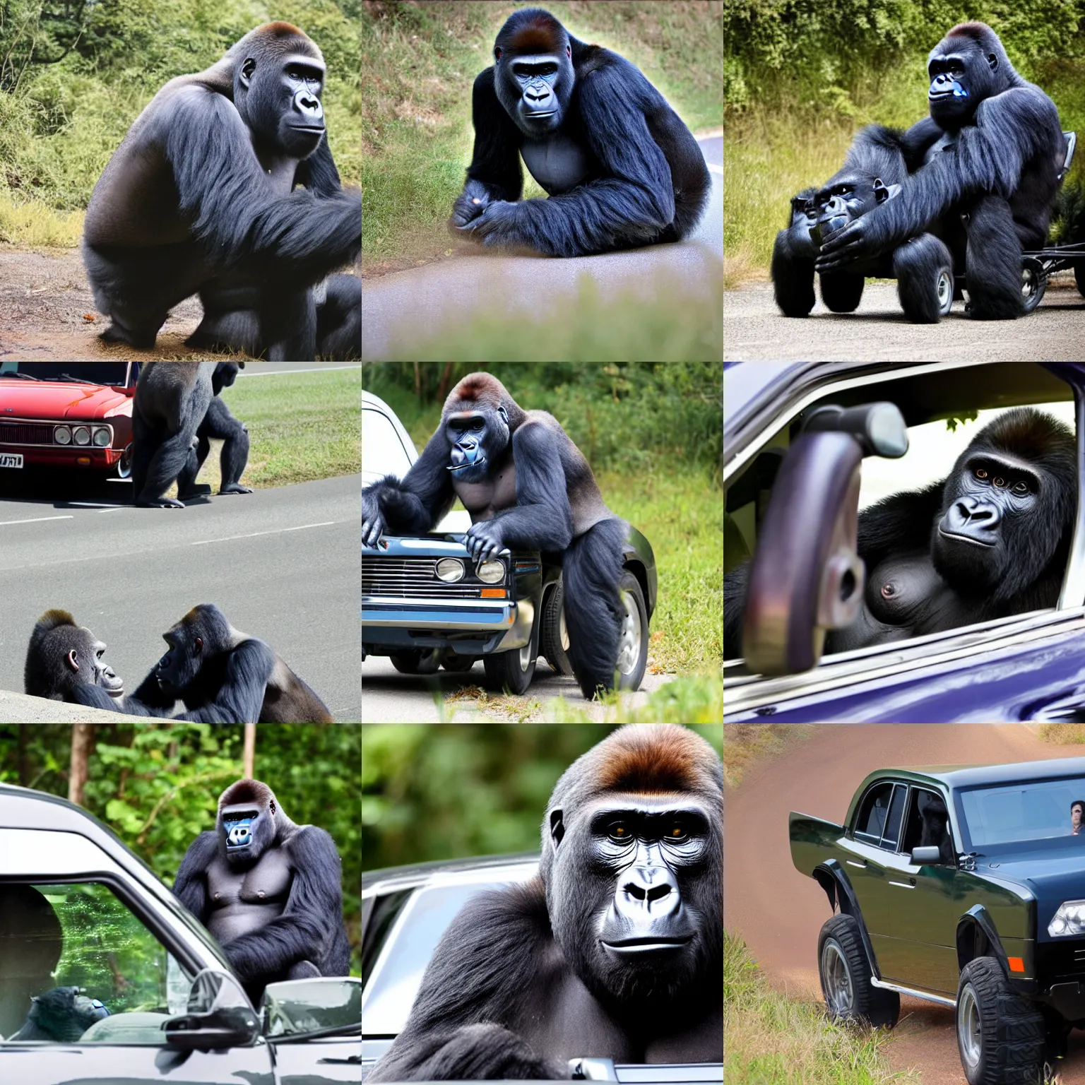 Prompt: gorilla drivinga car