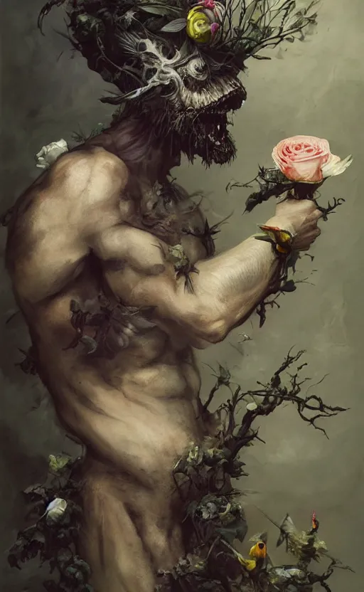 Image similar to a painting of a young bearded man holding a white rose and a stick, jester hat, small dog, a surrealist painting by marco mazzoni, peter mohrbacher, nychos, cgsociety, neo - figurative, detailed painting, rococo, bees, oil on canvas, birds seapunk, biomorphic lovecraftian