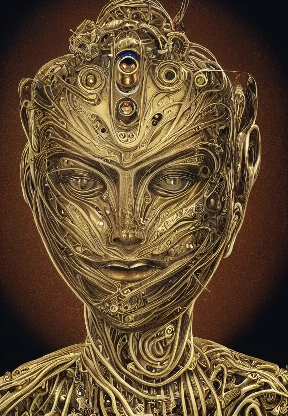 Image similar to perfectly centered portrait, front view of a beautiful biomechanical alien android robot buddha, female, flowing hair, intense stare, sarcastic smile, symmetrical, concept art, intricate detail, volumetric shadows and lighting, realistic oil painting by alex grey and gustave dore,