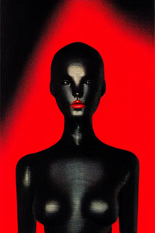 Prompt: dreamy girl character with perfect body in a nice black leather suit and red lips, very artistic pose, background in blurred, perfect lighting. professional design, intricate complexity, by dan mumford and by alberto giacometti, peter lindbergh, malevich, william stout