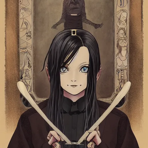 Image similar to precisely drawn illustration of anime wednesday addams, old-fashioned tarot card, victorian playing card, sepia tone, wide angle, sharp, fine details, anime, manga, cyberpunk, realistic shaded lighting by katsuhiro otomo ghost-in-the-shell, magali villeneuve, artgerm, rutkowski Jeremy Lipkin and Giuseppe Dangelico Pino and Michael Garmash and Rob Rey