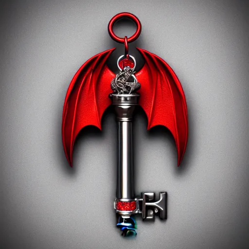 Image similar to a 3d game object of the metal key for the cage, very realistic, with dragon wings and large red diamond in it, it is very detailed, on the white background, rpg game inventory item