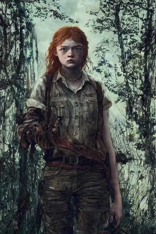 Prompt: sadie sink as ellie in the last of us, dirt, fashion, fantasy, art by ayami kojima, vasnetsov, cedric peyravernay