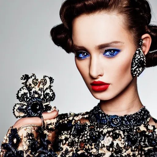 Image similar to close up of face of fashion model with luxury dress, official dolce and gabbana editorial, highly detailed