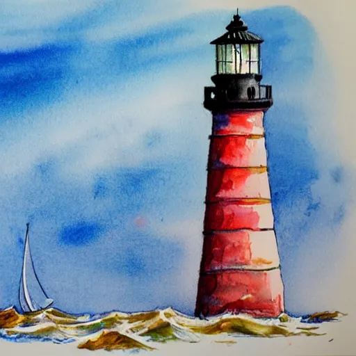 Prompt: A highly detailed serene sketch of a captivating lighthouse, single sailboat catching the wind,by Orris Moe, vibrant watercolor painting,