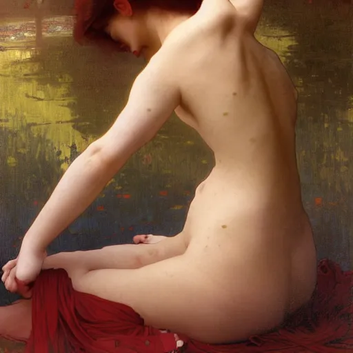 Image similar to lucid dreaming of a faceless girl bleeding into a mirror, intricate, art by artgerm and greg rutkowski and alphonse mucha and william - adolphe bouguereau, high detailed, 4 k,