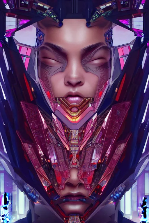 Image similar to akira from chinese mythology, hi - tech luciferian synthetic, gorgeous and huge head ornaments, dystopian, cyberpunk, mecha, halfturn portrait of a big crystal face made of crystals half - turn, ominous, intricate, studio, art by anthony macbain + greg rutkowski + alphonse mucha, concept art, 4 k, sharp focus