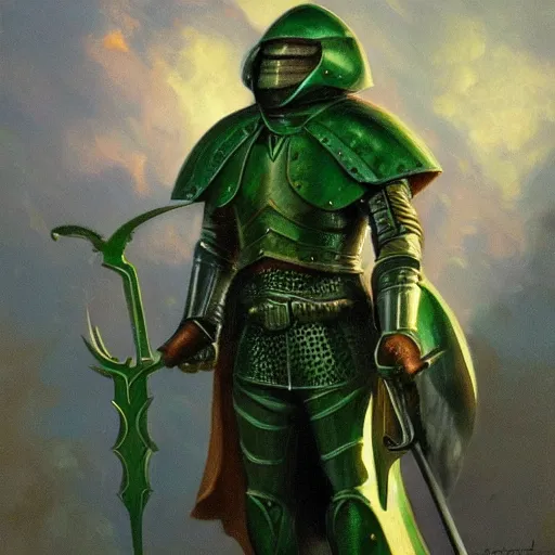 Image similar to A green knight, armed with futuristic medieval weaponry, matte painting by gerald brom trending on artstation