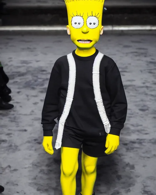 Image similar to hyperrealistic and heavy detailed balenciaga runway show of bart simpson , Leica SL2 50mm, vivid color, high quality, high textured