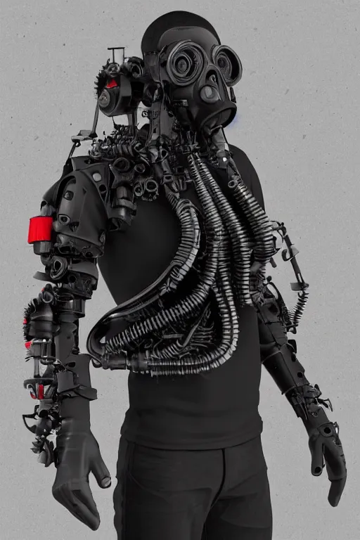 Prompt: urban _ techwear _ biomechanical cyborg portrait _ with _ black _ gasmask _ tech _ dark _ googles _ red _ black _ leather _ plastic _ chrome material _ realistic _ photo