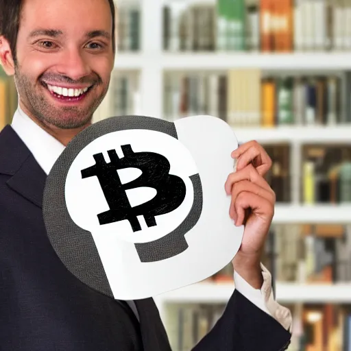 Image similar to businessman holding a happy bitcoin