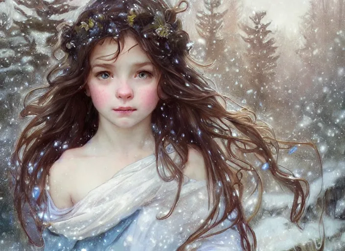 Prompt: A cute little girl with shoulder length curly brown hair and blue eyes and a hair expression. She is standing in a snowy forest trying to catch snowflakes. beautiful fantasy art by By Artgerm and Greg Rutkowski and Alphonse Mucha, trending on artstation.