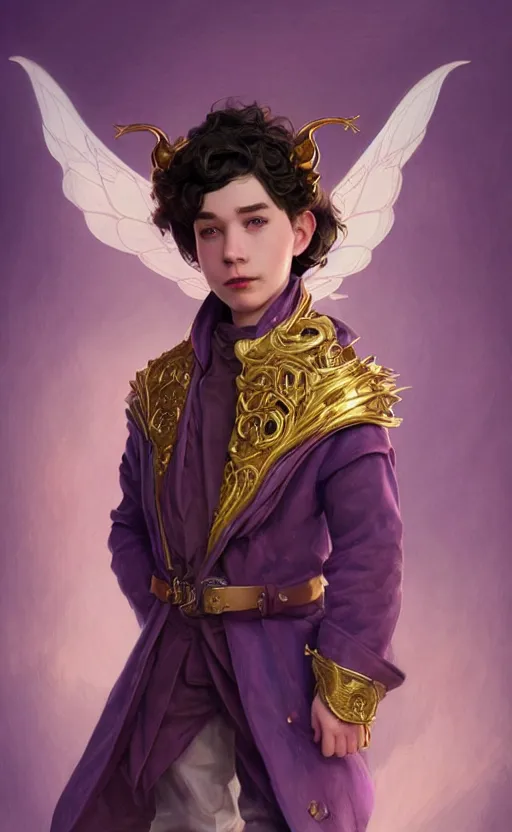 Image similar to non binary halfling, wearing purple smoking jacket, golden wings, d & d, fantasy, intricate and very beautiful and highly detailed, elegant, digital painting, artstation, concept art, matte, smooth and sharp focus, illustration, art by tian zi and wlop and alsphonse mucha and artgerm and greg rutkowski