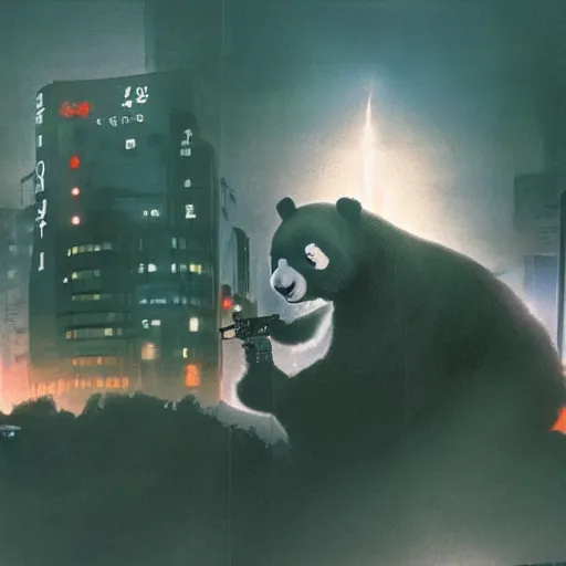 Image similar to giant panda destroying tokyo in the style of the movie godzilla, cinematic lighting, cinematic framing and shadows 1 9 7 0 s aesthetic
