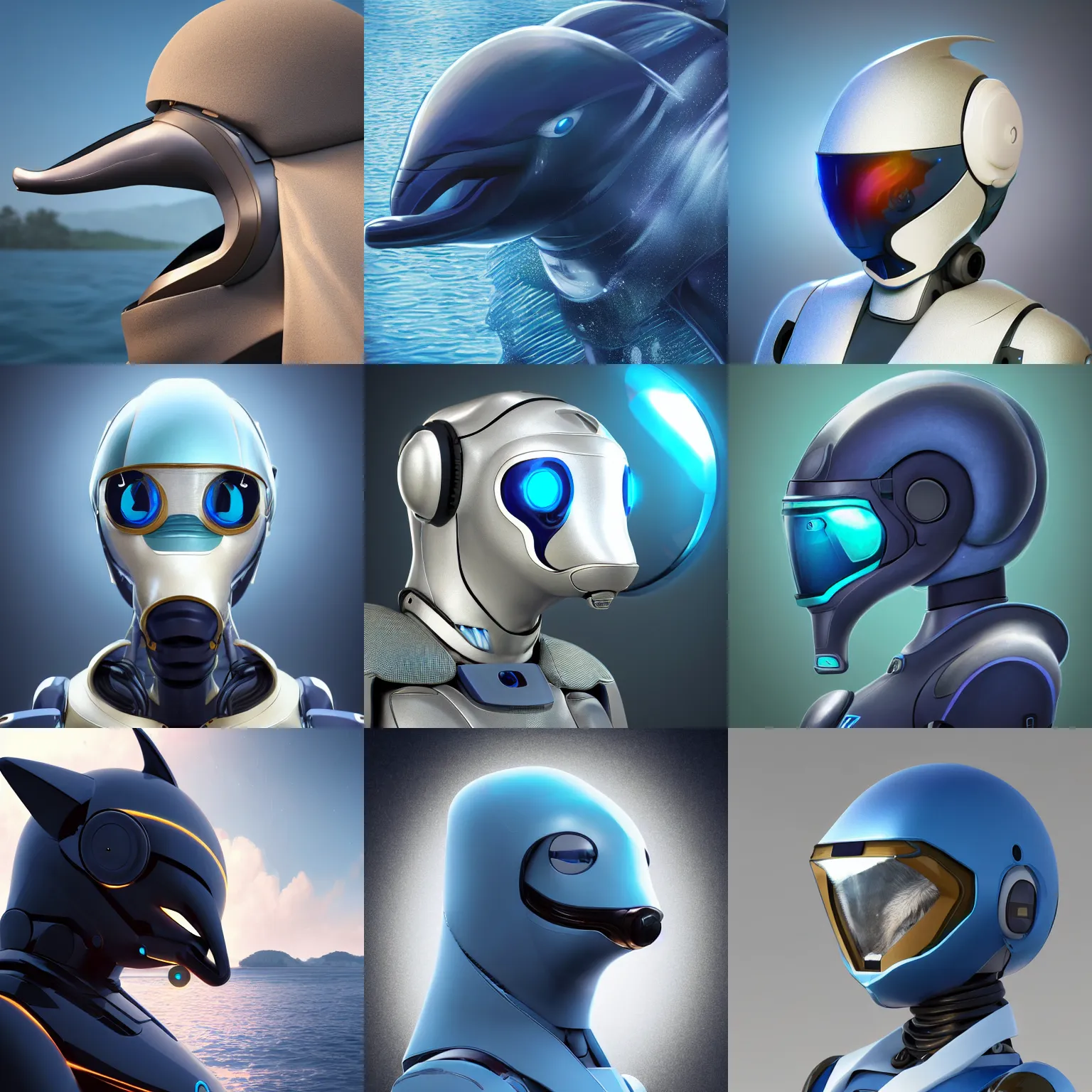 Prompt: very very beautiful furry art, bust profile picture of a robotic anthro bottlenose dolphin, synthetic cetacean hybrid android, face covered by opaque visor, truncated snout under visor, round shapes, all dark blue metal, commission on furaffinity, cgsociety, octane render, sea in background