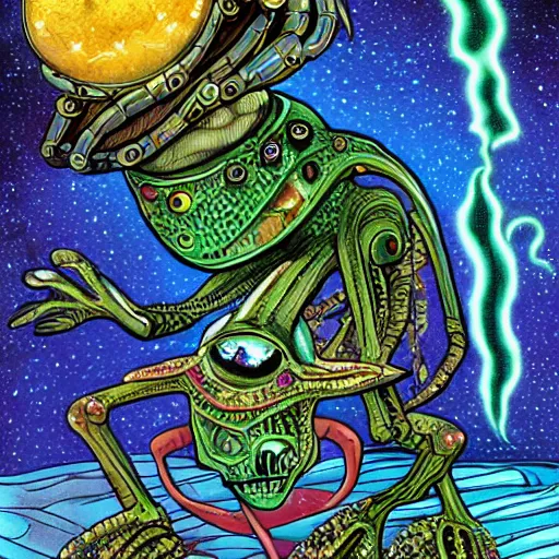 Prompt: alien with jewels for eyes, on exotic dreamy planet, jim henson creature shop, heavy metal magazine, illustration, mike mignogna