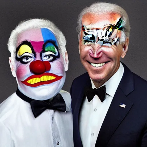 Image similar to Joe Biden with clown make-up all over his face inside a circus