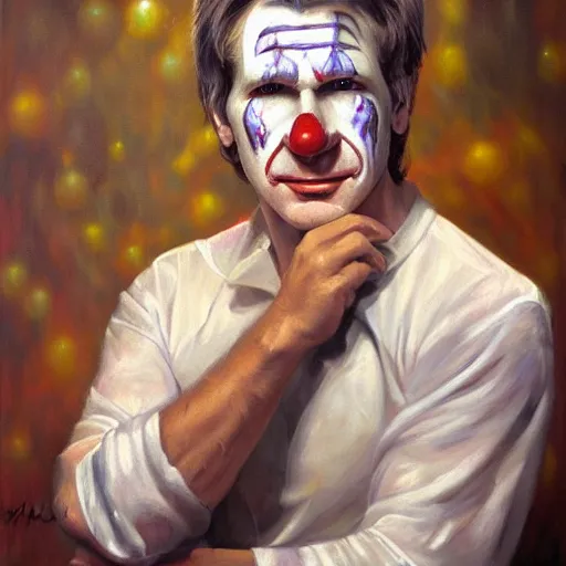 Image similar to stunning serene portrait of a young Harrison Ford wearing a clown suit by Mark Arian, oil on canvas, masterpiece, realism, piercing gaze, autumn bokeh