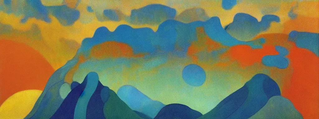 Prompt: An insane, modernist landscape painting. Wild energy patterns rippling in all directions. Curves, organic, zig-zags. Mountains, clouds. Rushing water. Waves. Psychedelic dream world. Odilon Redon. Alex Katz.