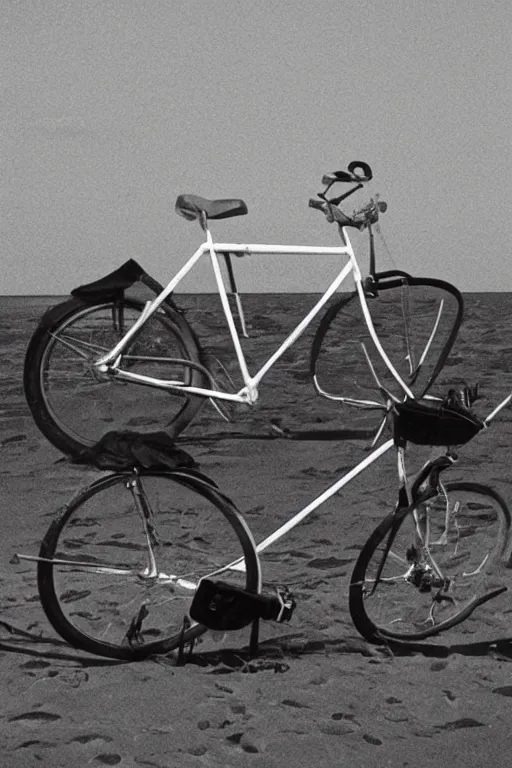 Prompt: a 1984 bike outside on the beach, In the style of John Baldessari.