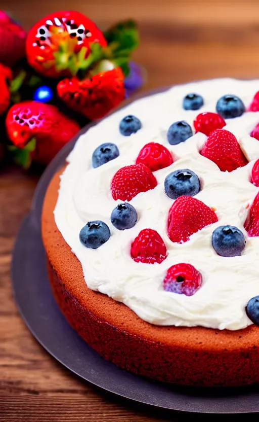 Image similar to A photo of a swedish cake from the side on a wooden table, with cream spread on the sides and strawberries, raspberries and blueberries placed in circles on top. Sunset. 4K. Cinematic lighting. High detail. Realistic. Delicious.