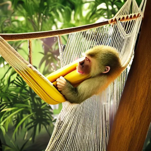 Image similar to digital art of a monkey laying in a hammock eating a banana, octane render, 8 k render, saturated, dynamic lighting