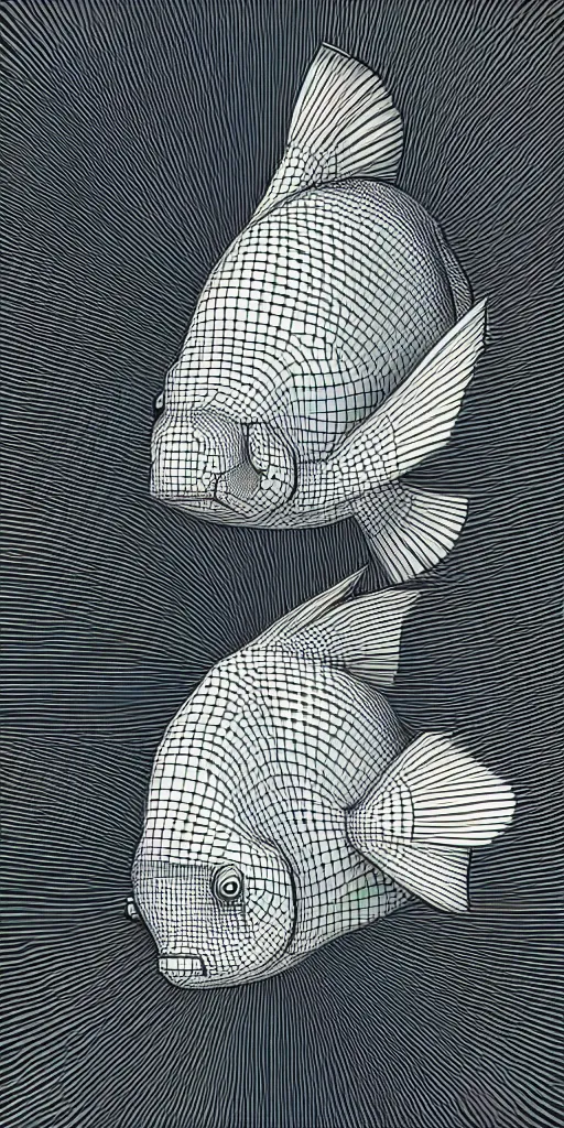 Prompt: illustration vector fine line art of a 3D fish on a full black background