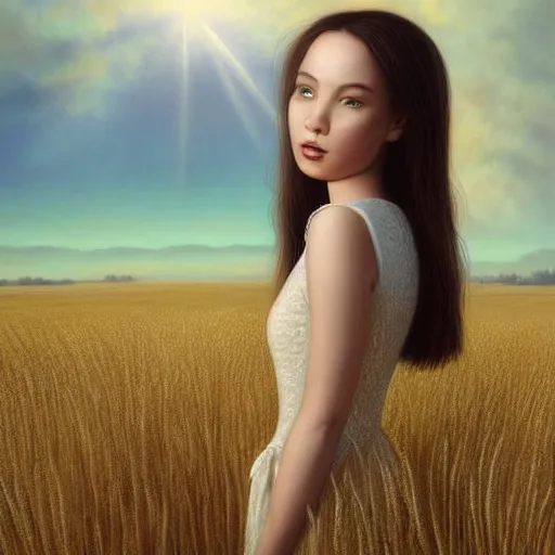 Image similar to close-up shot, a beautiful painting of a girl in a airy semi-transparent thin light dress standing in the glowing wheat fields, mystical setting, afternoon sun, long shadows, photo from the back, by Mark Ryden, artgerm, Bekzinski, WLOP, Felix Kelly and Ross Tran, trending on artstation