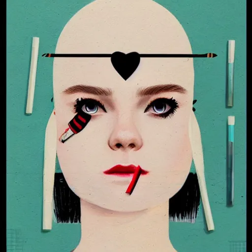 Prompt: Elle Fanning wearing an eyepatch lighting a cigarette picture by Sachin Teng, asymmetrical, dark vibes, Realistic Painting , Organic painting, Matte Painting, geometric shapes, hard edges, graffiti, street art:2 by Sachin Teng:4