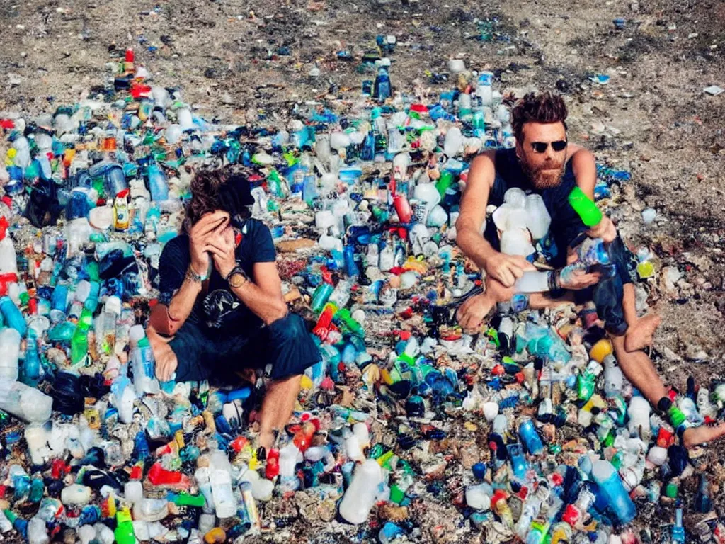 Prompt: jovanotti alone surrounded by plastic bottles and garbage on a beach near the adriatic sea, pollution, polaroid color photo, ultra realistic