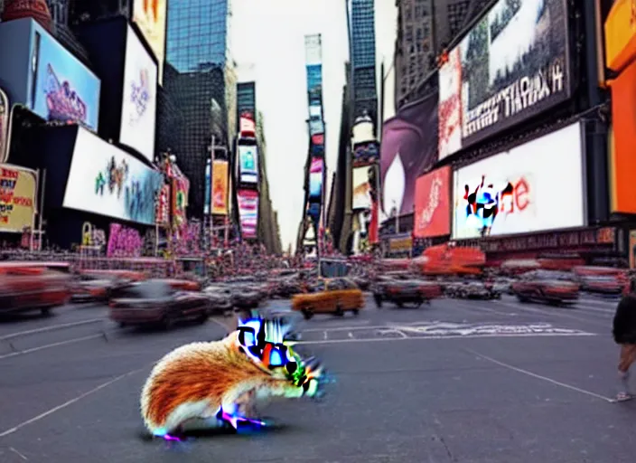 Image similar to a photo of a a giant hamster terrorizing times square,