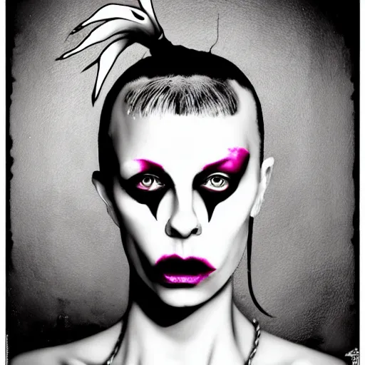 Image similar to die antwoord yolandi portrait, back and white, zef design graffiti in the background, dark lighting, freaky, digital art