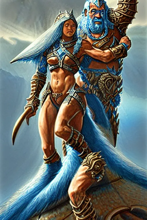 Image similar to a small blue-skinned triton girl wearing scale armor riding on a the shoulders of a large male goliath wearing fur and leather armor, dnd concept art, painting by Jeff Easley