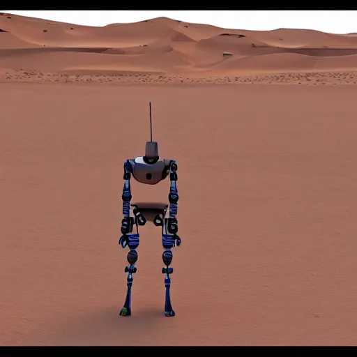 Prompt: robot marduder lost in sahara, photo realistic, highly detailed