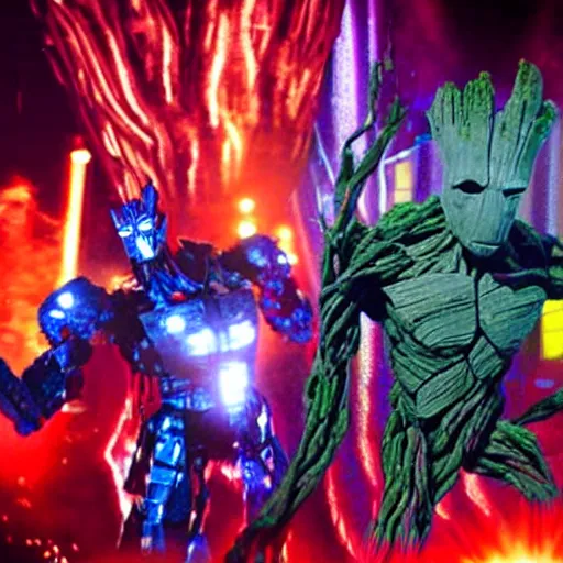 Image similar to groot and optimus prime dancing at techno party among people, wide shoot, after effect, ultra realistic