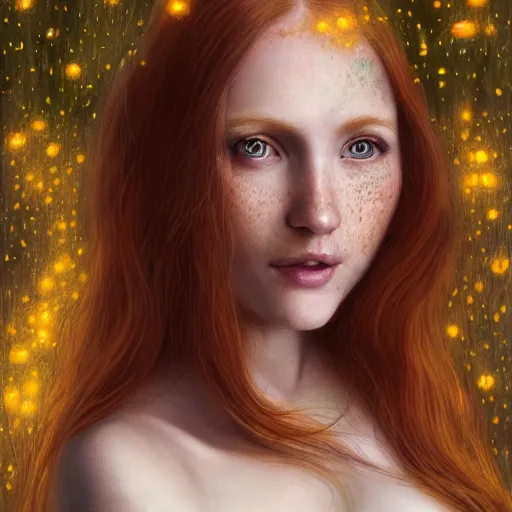 Image similar to a highly detailed, hyper realistic, red haired young woman, among golden fireflies, with long hair, green eyes, hint of freckles, gentle face, tilted head, cheeky smile, deep focus, elegant, digital painting, smooth, sharp focus, golden ratio, illustration, ultra realistic, 8 k, art by artgerm and caravaggio