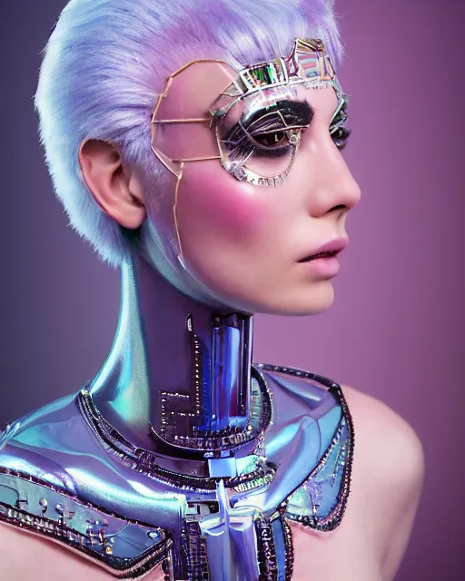 Image similar to natural light, soft focus portrait of an androgynous android with soft synthetic pink skin, blue bioluminescent plastics, smooth shiny metal, elaborate diamond ornate head piece, piercings, face tattoo, skin textures, by annie liebovotz, paul lehr,