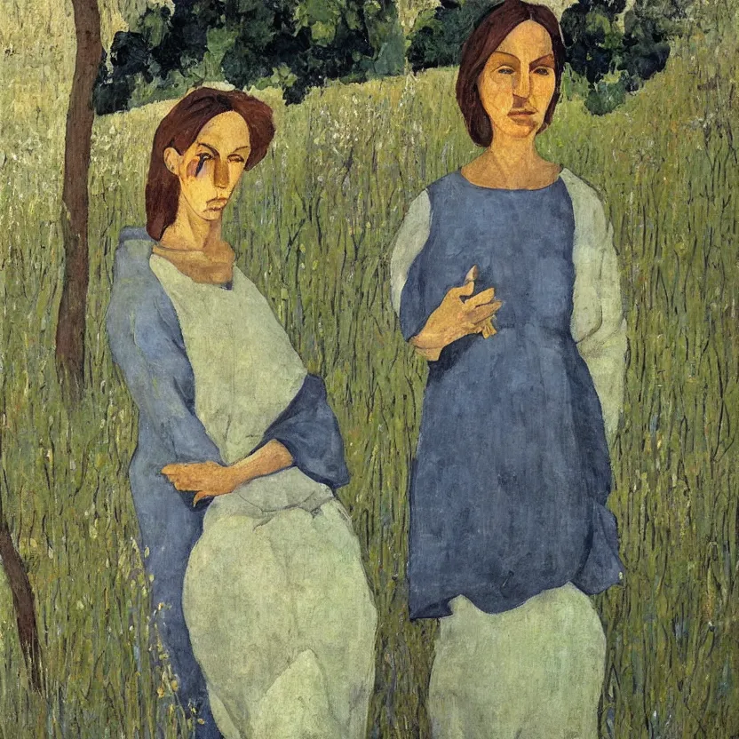 Image similar to a painted portrait of a women outdoors, art by felice casorati, aesthetically pleasing and harmonious natural colors, expressionism, fine day, mid shot portrait