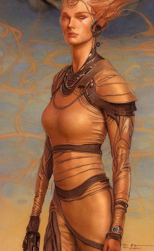 Image similar to beautiful female fremen on dune, by edgar maxence artgerm ross tran and michael whelan and gustav klimpt