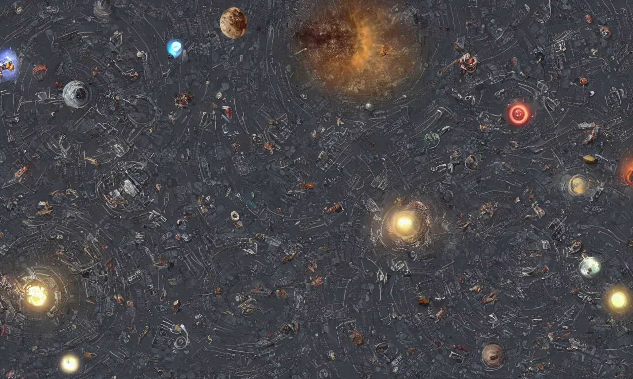 Image similar to a space junkyard forming a tilted disk around black hole, a graveyard of space stations and giant space structures vortex in black starless space, dark sci - fi game map with solid background