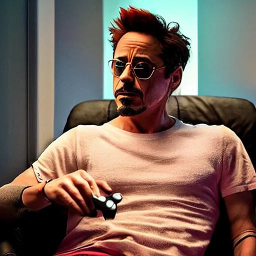 Image similar to robert downey jr. playing a game on his playstation 5 during a stormy night, photorealistic, cinematic lighting, highly detailed