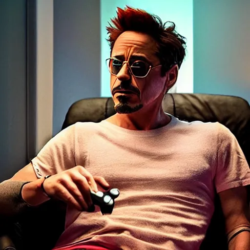 Prompt: robert downey jr. playing a game on his playstation 5 during a stormy night, photorealistic, cinematic lighting, highly detailed