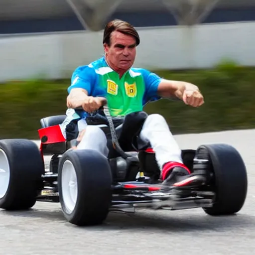 Prompt: jair bolsonaro racing a go kart in a race track