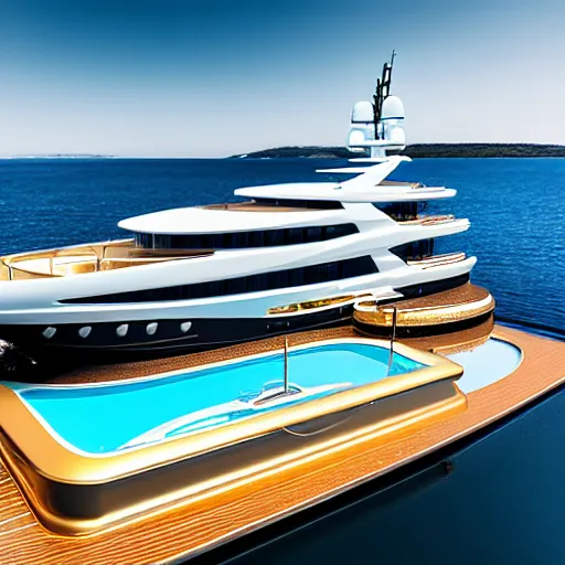 Image similar to gold plated mega yacht with two swimming pools and a helicopter landing pad, being polished by servant, docked at harbor, clear and focused, elegant, photograph
