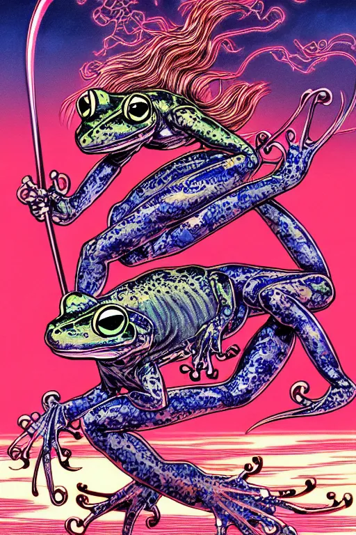 Image similar to illustration of a lightning demon riding a frog, intricate linework, in the style of moebius, ayami kojima, 1 9 9 0's anime, retro fantasy