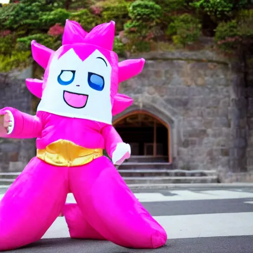 Image similar to a pink cartoon Japanese mascot costume outside a large cardboard castle