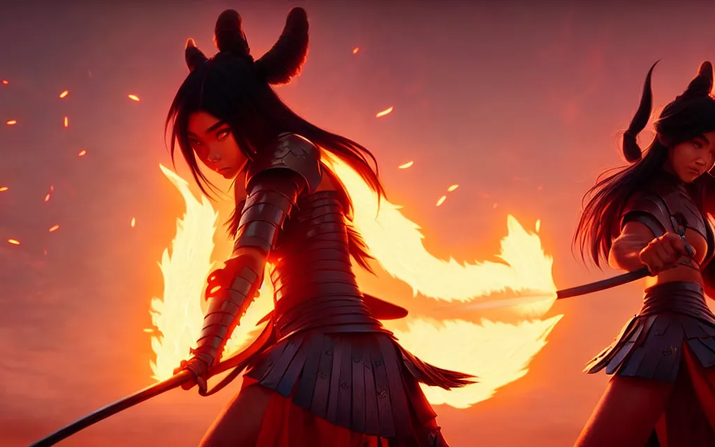 Image similar to weta disney pixar epic movie shot of madison beer as samurai warrior catgirl by pixar : : flames : : by weta, greg rutkowski, wlop, ilya kuvshinov, rossdraws, artgerm, marvel, unreal engine, bright morning, anime