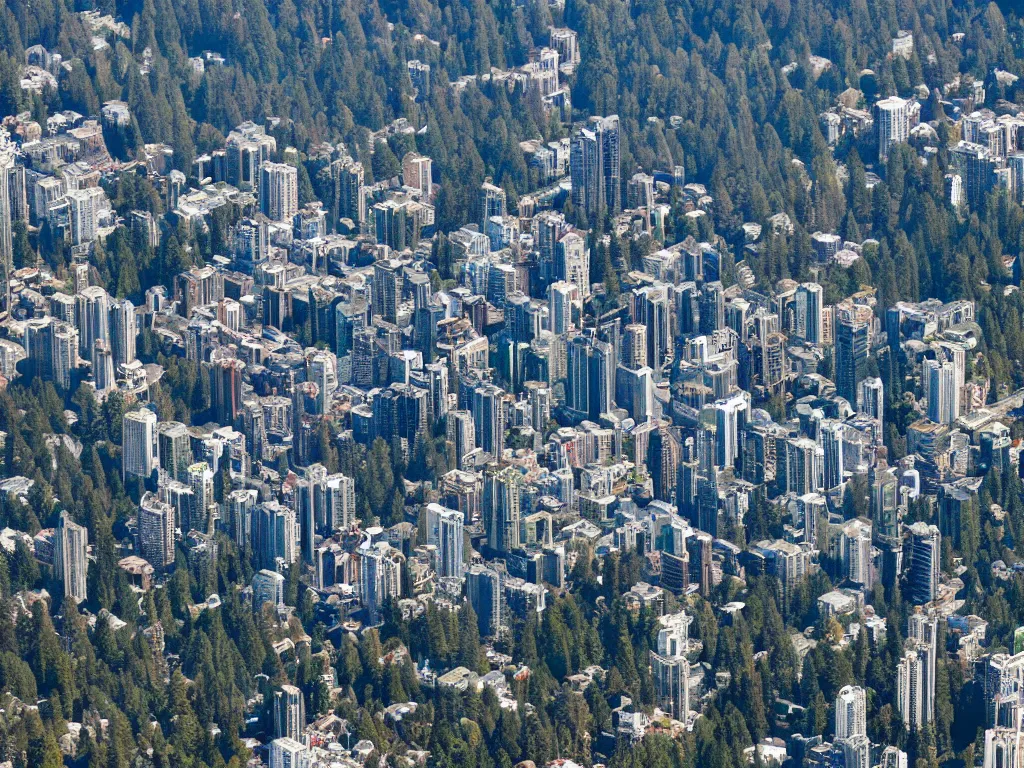 Image similar to bird's eye view photo of a metropolis highrise city, redwood forest to the south